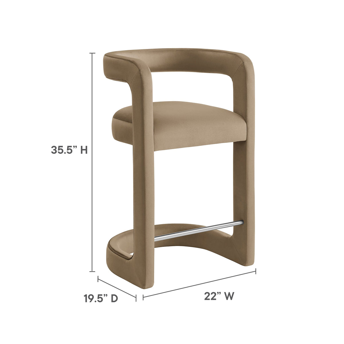 Winslow Performance Velvet Counter Stool by Modway in beige with curved arms and chrome footrest 22 in W x 19.5 in D x 35.5 in H on Tampa Home & Garden Store