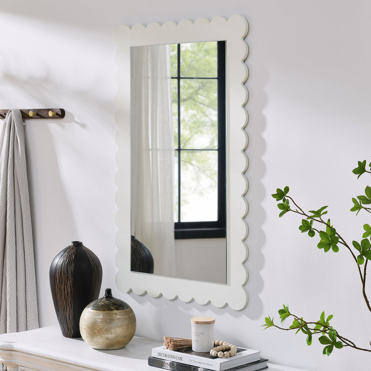 Emmeline scalloped rectangle wall mirror by Modway with white scalloped frame on wall on Tampa Home & Garden Store