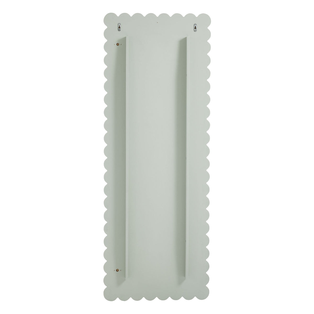 Emmeline Scalloped Floor Mirror back view with pale sage scalloped frame and brackets on Tampa Home & Garden Store