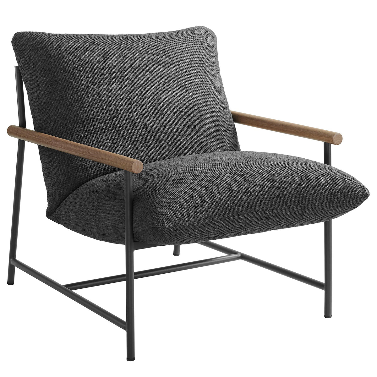 Raya outdoor boucle sling lounge chair with charcoal boucle fabric and wood armrests on Tampa Home & Garden Store