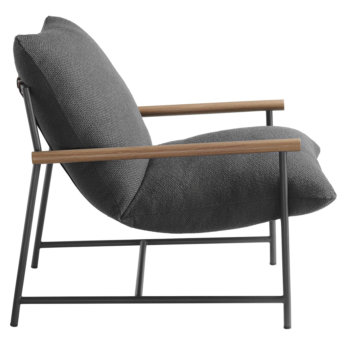 Raya outdoor boucle sling lounge chair gray fabric with wood armrests and black metal frame on Tampa Home & Garden Store
