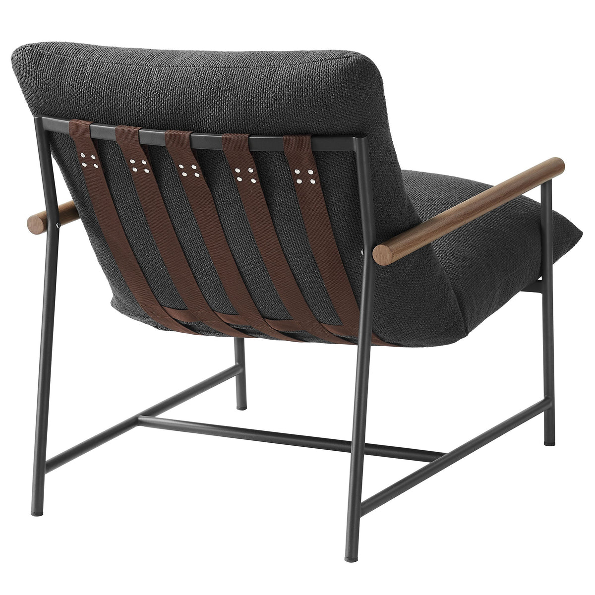 Raya Boucle Sling Lounge Chair charcoal fabric brown leather slings black metal frame on Tampa Home & Garden Store