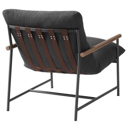 Raya Boucle Sling Lounge Chair charcoal fabric brown leather slings black metal frame on Tampa Home & Garden Store