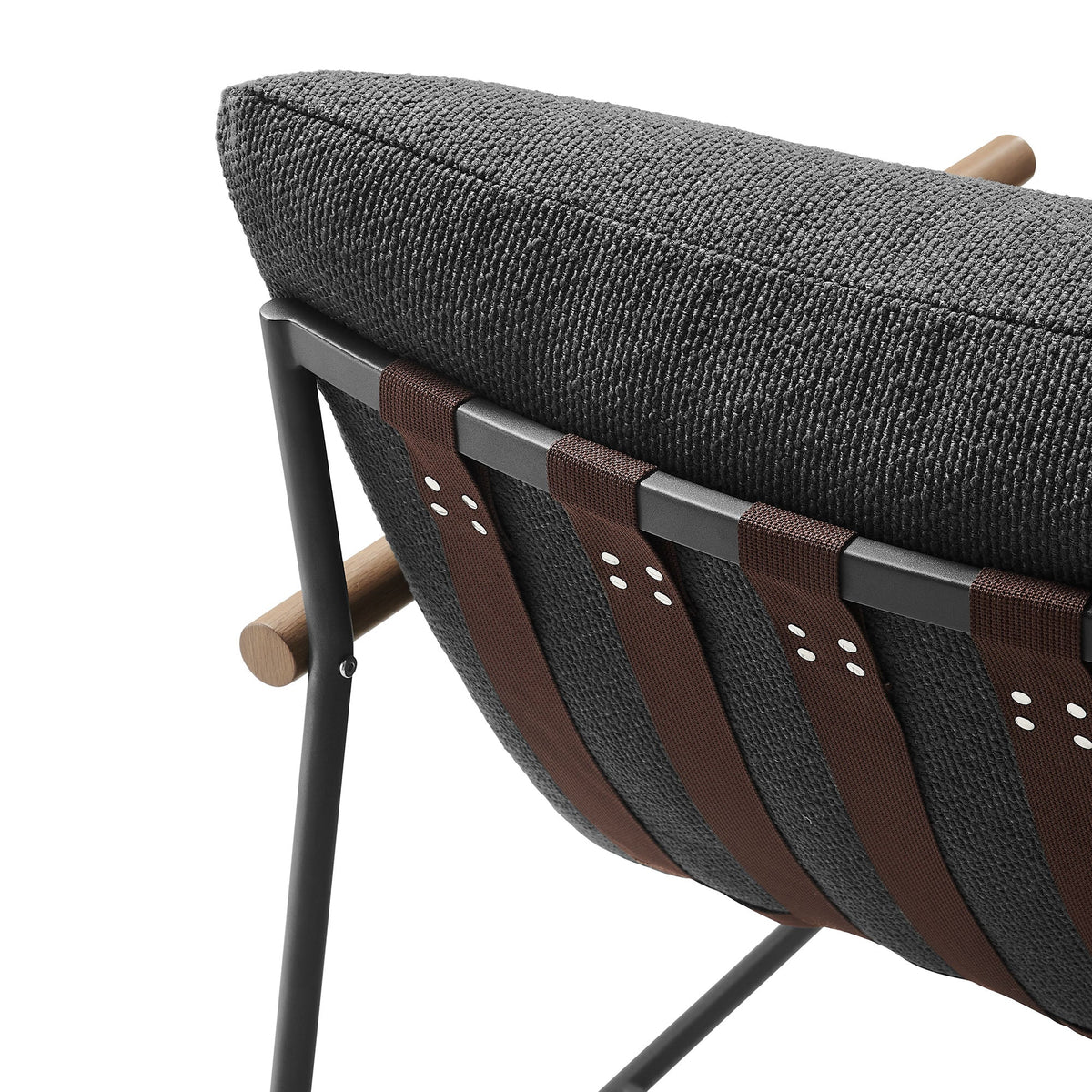 Raya outdoor boucle sling lounge chair charcoal fabric with brown straps metal frame on Tampa Home & Garden Store