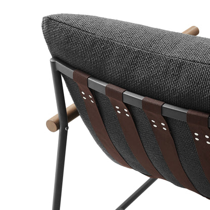 Raya outdoor boucle sling lounge chair charcoal fabric with brown straps metal frame on Tampa Home & Garden Store