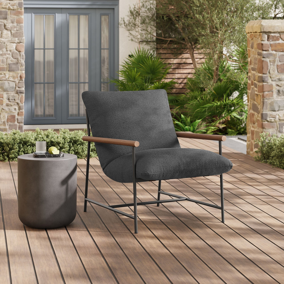 Raya outdoor boucle sling lounge chair in charcoal with wooden armrests, Modway patio seating on Tampa Home & Garden Store