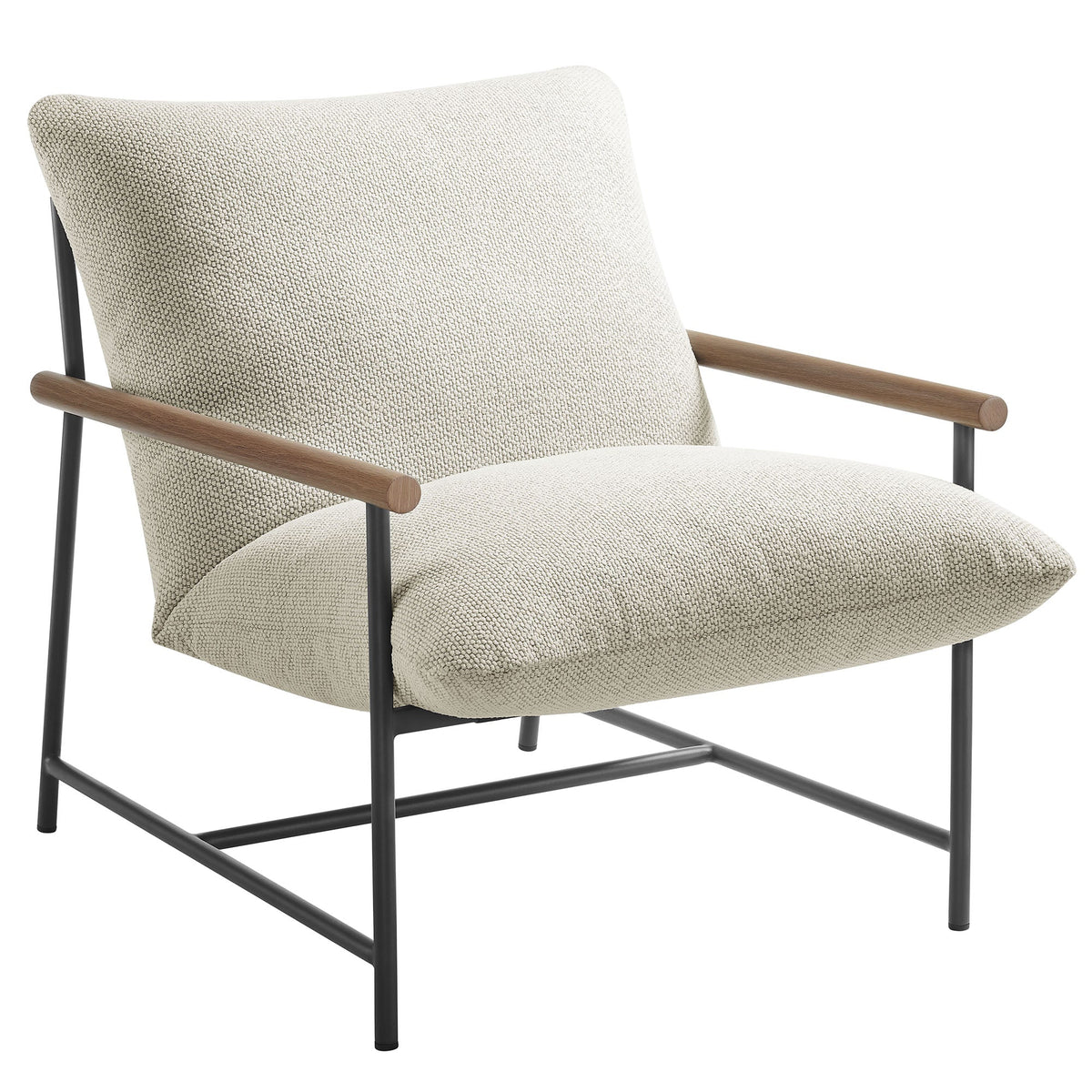 Raya Outdoor Patio Boucle Sling Lounge Chair beige boucle upholstery, black frame, wood armrests on Tampa Home & Garden Store