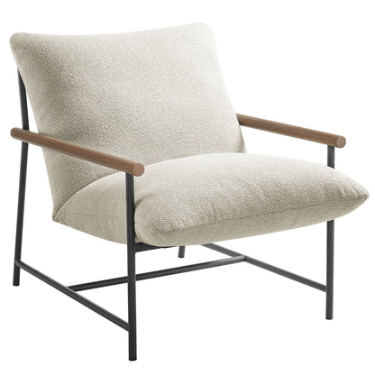 Raya Outdoor Patio Boucle Sling Lounge Chair beige boucle upholstery, black frame, wood armrests on Tampa Home & Garden Store