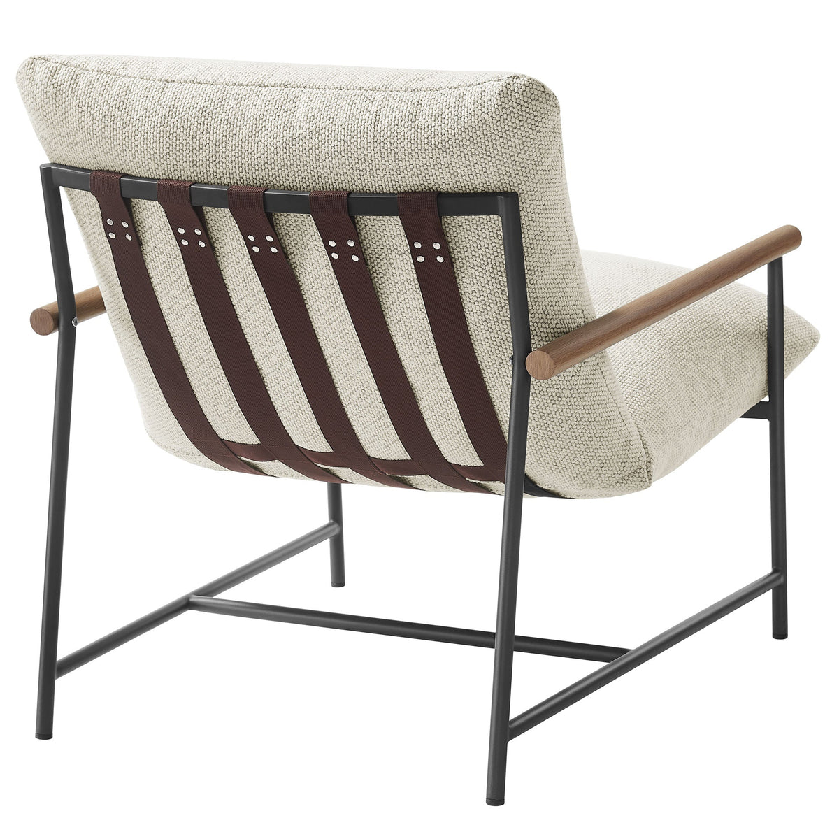 Raya outdoor boucle sling lounge chair beige with black metal frame brown sling straps on Tampa Home & Garden Store