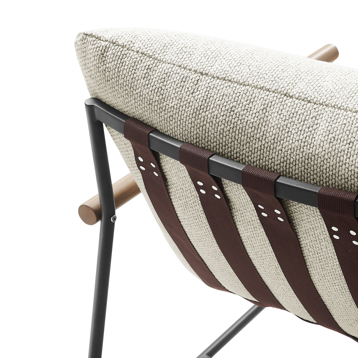 Raya boucle sling lounge chair with beige fabric, dark frame, brown strap on Tampa Home & Garden Store