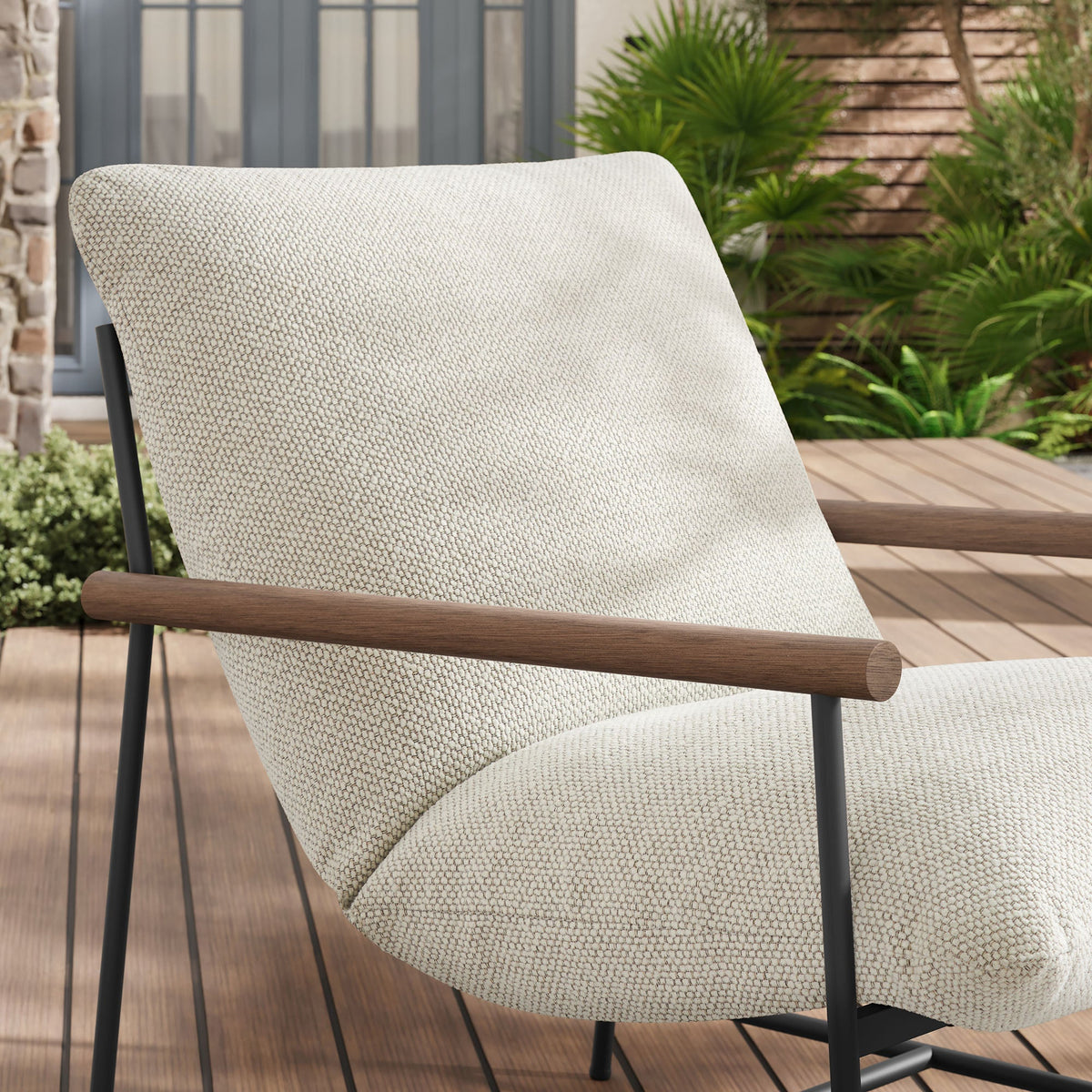 Raya outdoor boucle sling lounge chair beige textured fabric with wood arms on Tampa Home & Garden Store
