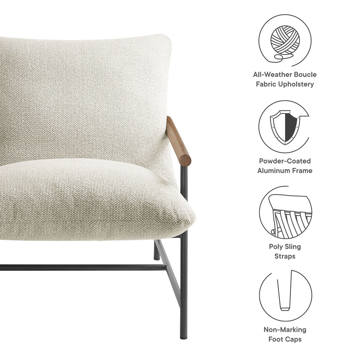 Raya outdoor boucle sling lounge chair beige boucle fabric with powder-coated aluminum frame on Tampa Home & Garden Store