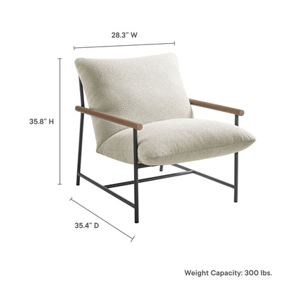 Raya Boucle Sling Lounge Chair beige upholstery, wood armrests on Tampa store on Tampa Home & Garden Store