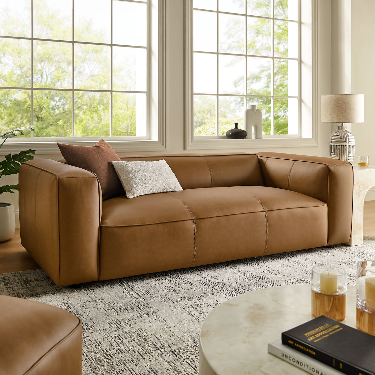 Auren upholstered vegan leather sofa by Modway in tan brown with visible stitching on Tampa Home & Garden Store