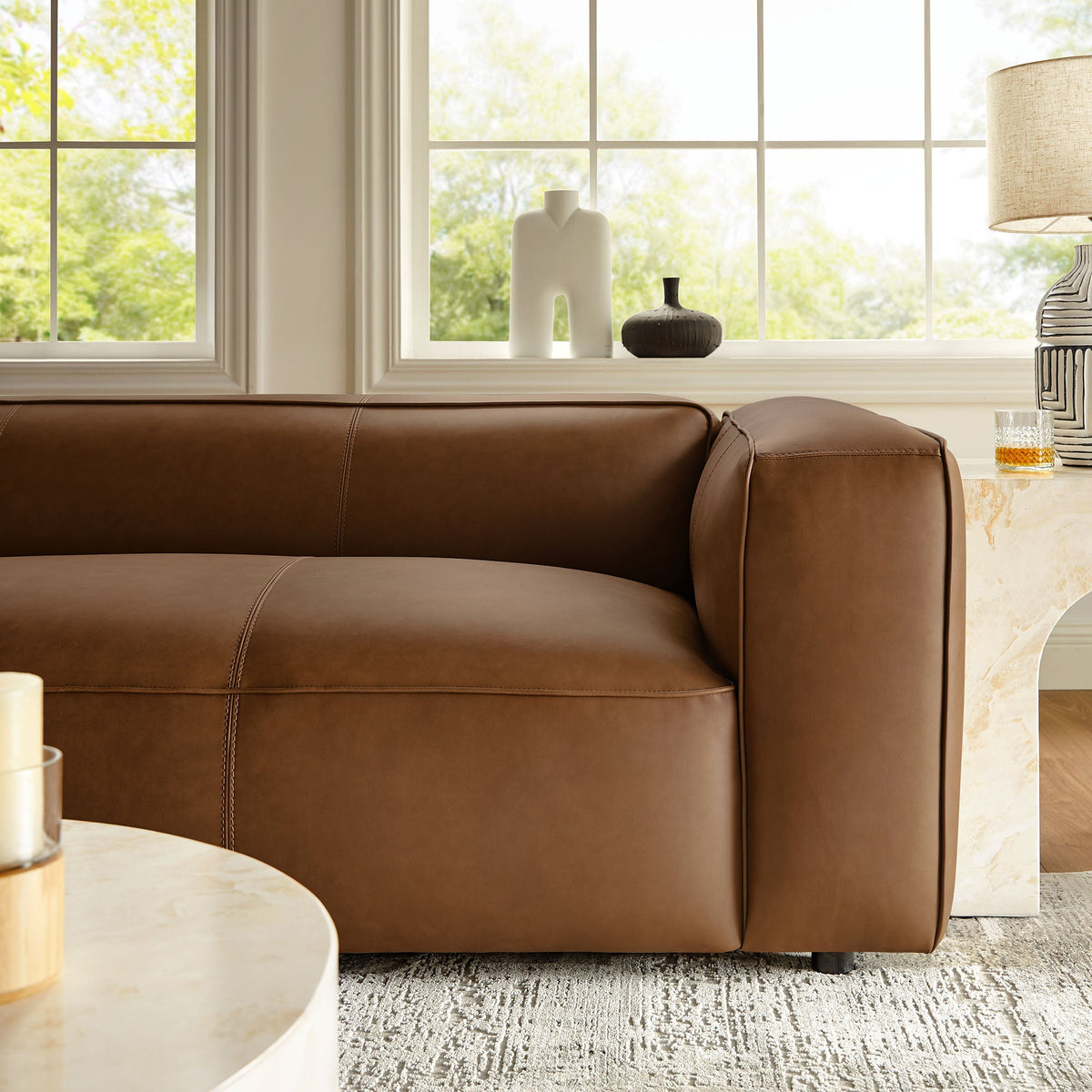Auren vegan leather sofa by Modway in warm brown with clean stitched seams on Tampa Home & Garden Store