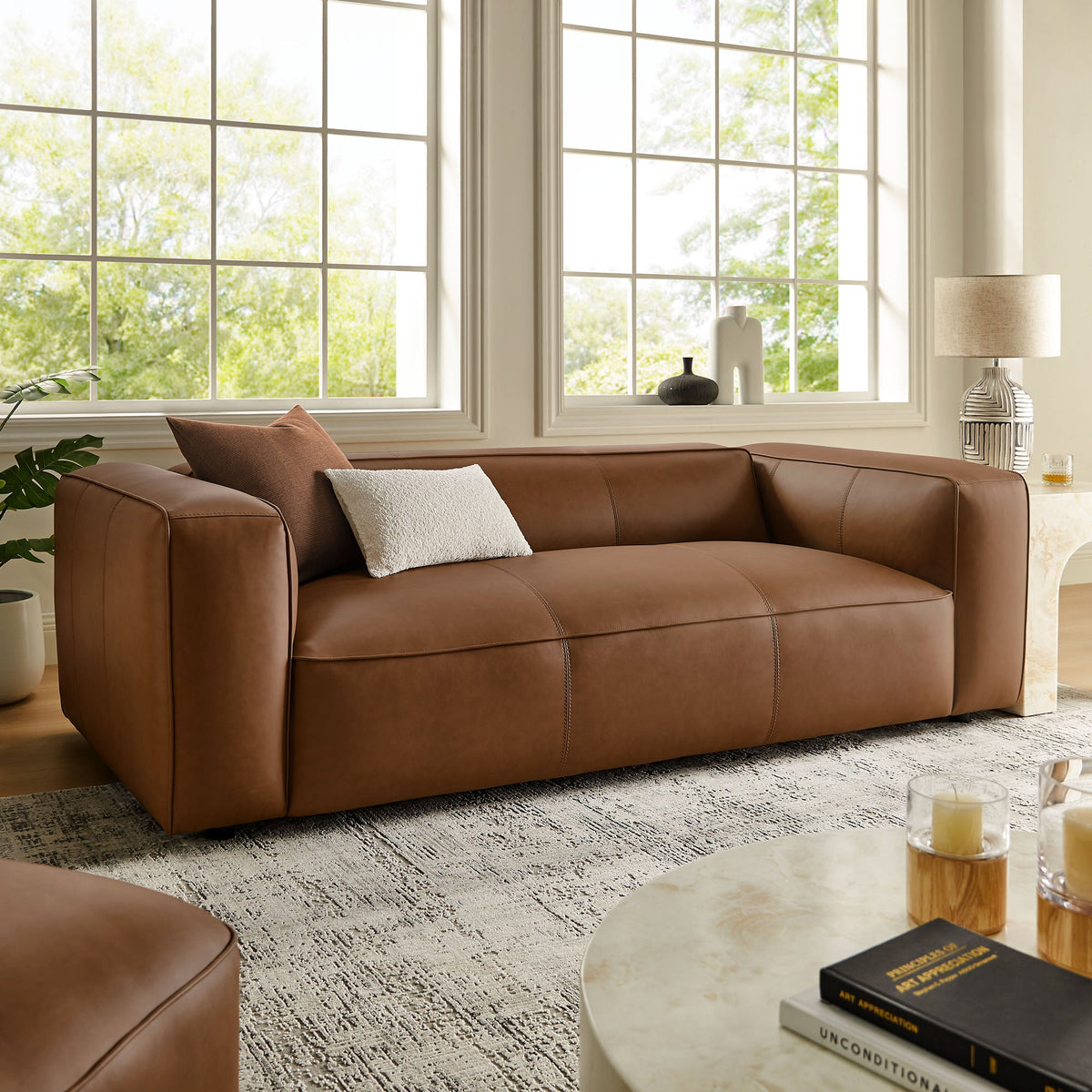 Auren Upholstered vegan leather sofa in warm brown with visible stitching by Modway HouseOfZazla on Tampa Home & Garden Store