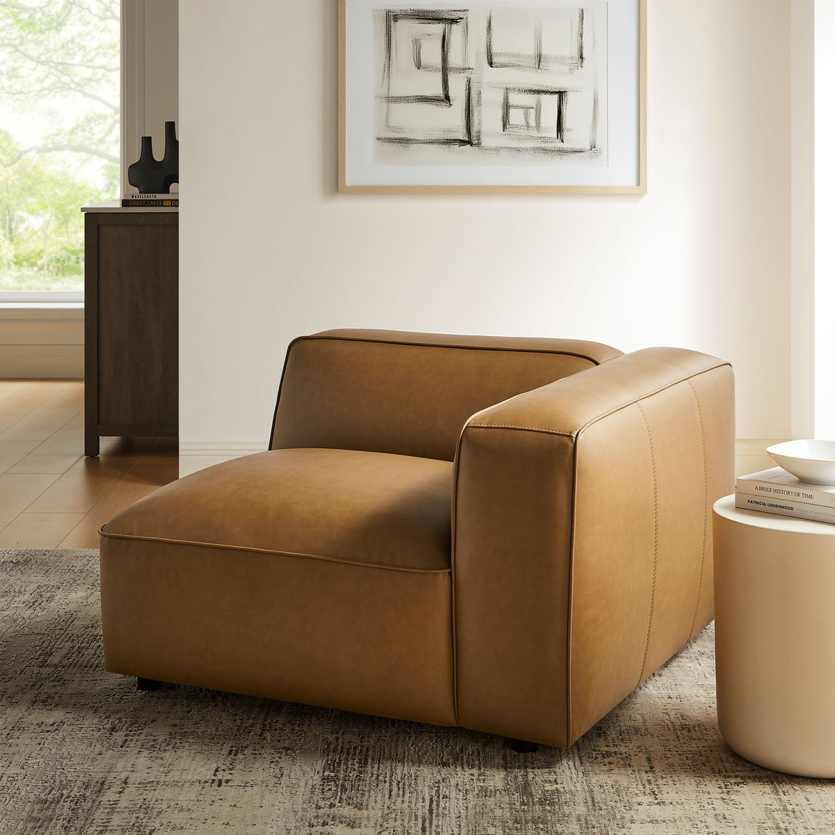 Auren Upholstered Vegan Leather Modular Right Armchair in caramel brown with visible stitching on Tampa Home & Garden Store
