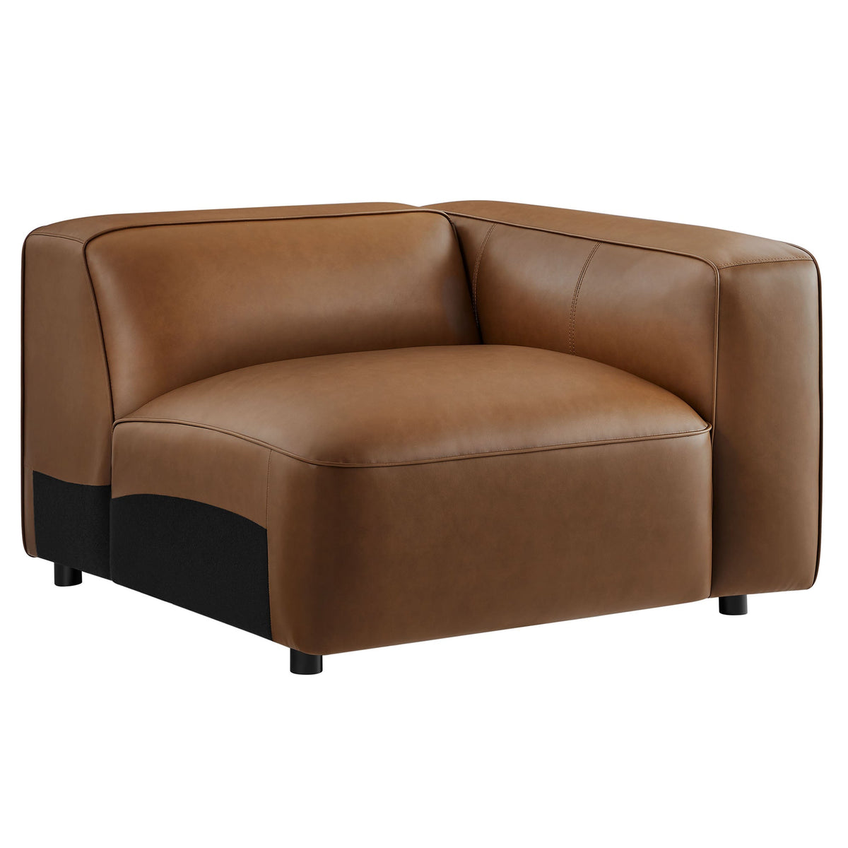 Upholstered vegan leather modular right armchair in tan with visible stitching and black legs on Tampa Home & Garden Store
