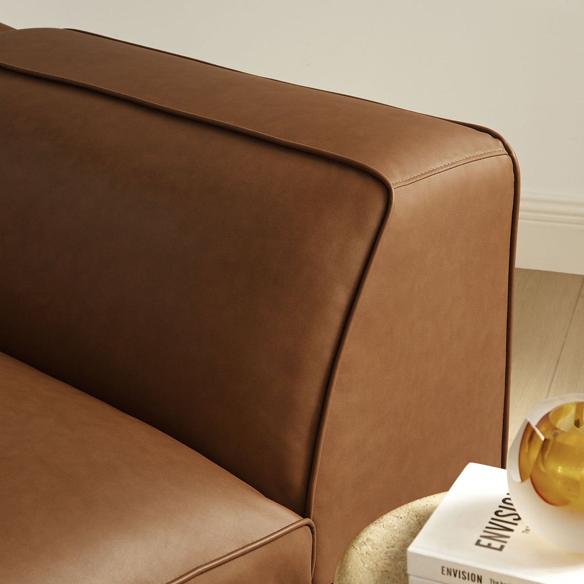 Auren modular left armchair by Modway, brown vegan leather upholstery with seam stitching on Tampa Home & Garden Store