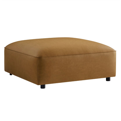 Auren Upholstered Vegan Leather Ottoman in caramel tan with stitched seams and black legs on Tampa Home & Garden Store