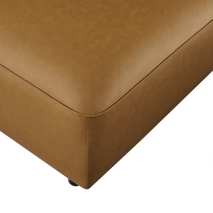 Auren vegan leather ottoman in tan with diagonal seams and a black foot on Tampa Home & Garden Store