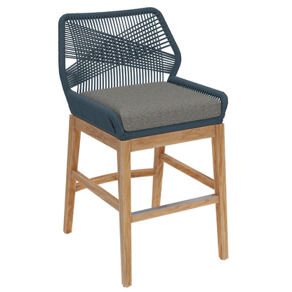Wellspring outdoor teak and rope counter stool by Modway navy rope weave with gray cushion on Tampa Home & Garden Store