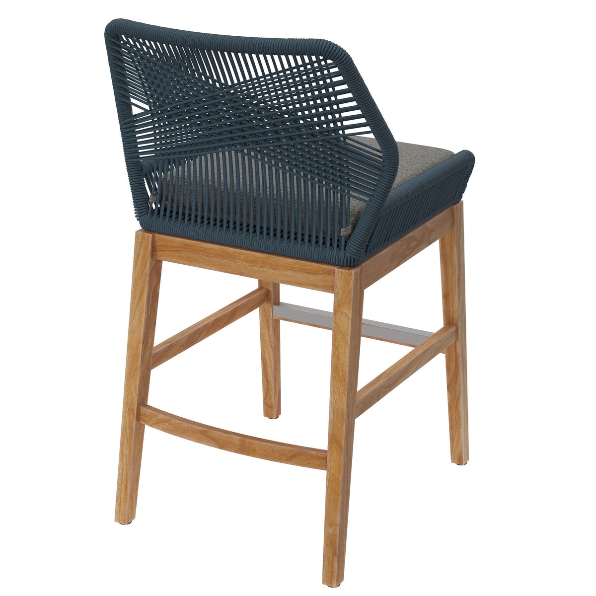 Wellspring outdoor patio counter stool navy rope weave, teak legs, cushioned seat on Tampa Home & Garden Store
