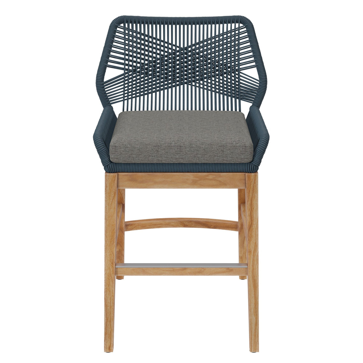Wellspring Outdoor Teak & Rope Counter Stool blue woven back, grey cushion on Tampa Home & Garden Store