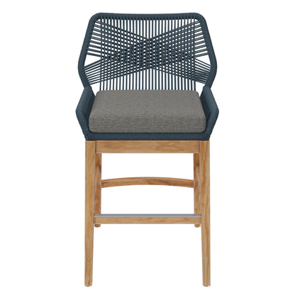 Wellspring Outdoor Teak & Rope Counter Stool blue woven back, grey cushion on Tampa Home & Garden Store