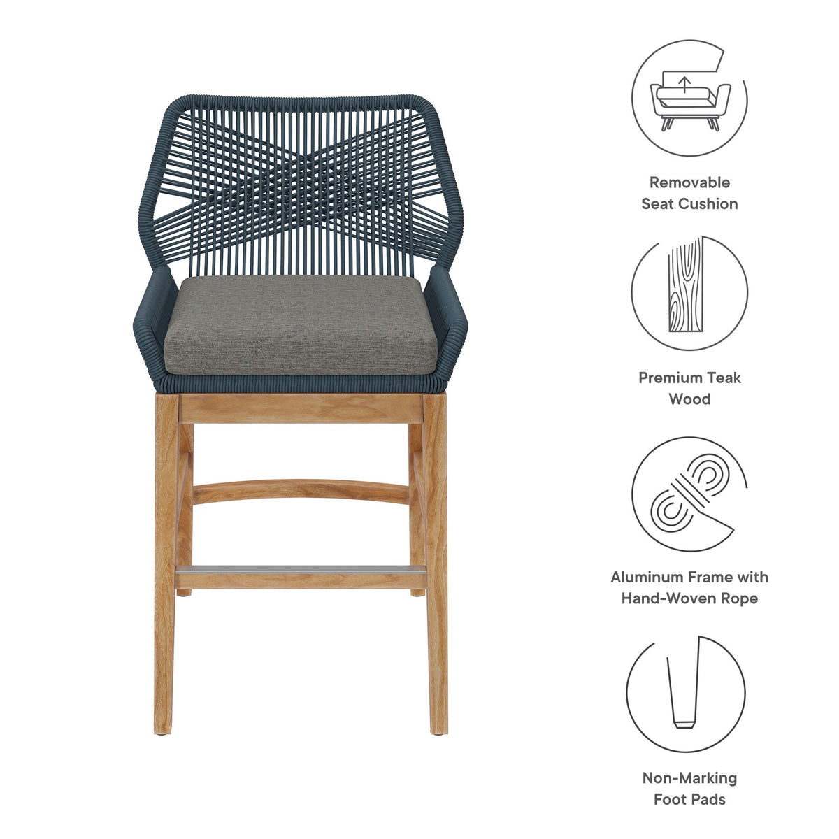 Wellspring outdoor teak and rope counter stool by Modway with blue rope back and gray cushion on Tampa Home & Garden Store