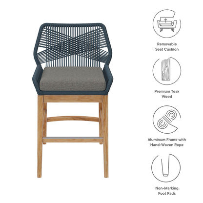 Wellspring outdoor teak and rope counter stool by Modway with blue rope back and gray cushion on Tampa Home & Garden Store