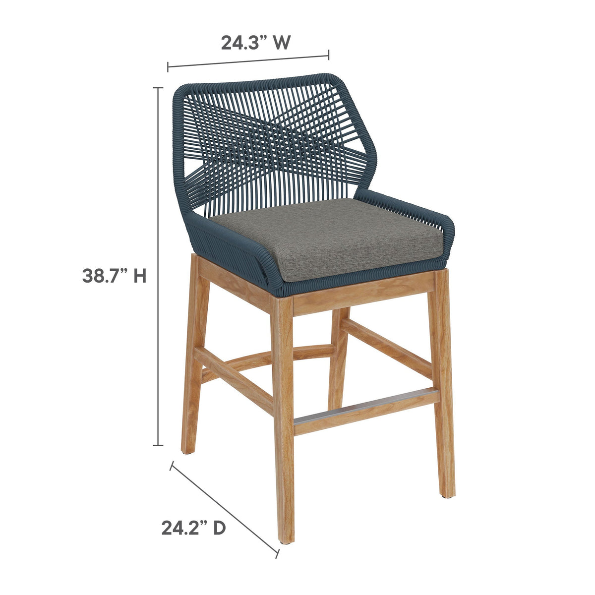 Wellspring outdoor teak and rope counter stool with navy woven back and grey cushion on Tampa Home & Garden Store