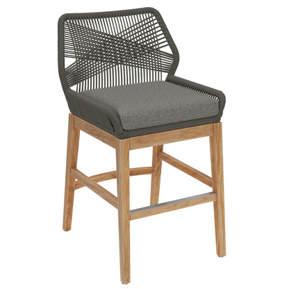 Wellspring Outdoor Teak Rope Counter Stool with gray cushion and woven rope back on Tampa Home & Garden Store