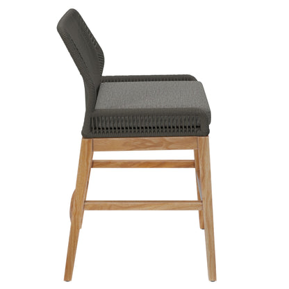 Wellspring Outdoor Patio Teak and Rope Counter Stool with grey cushion on wood base on Tampa Home & Garden Store