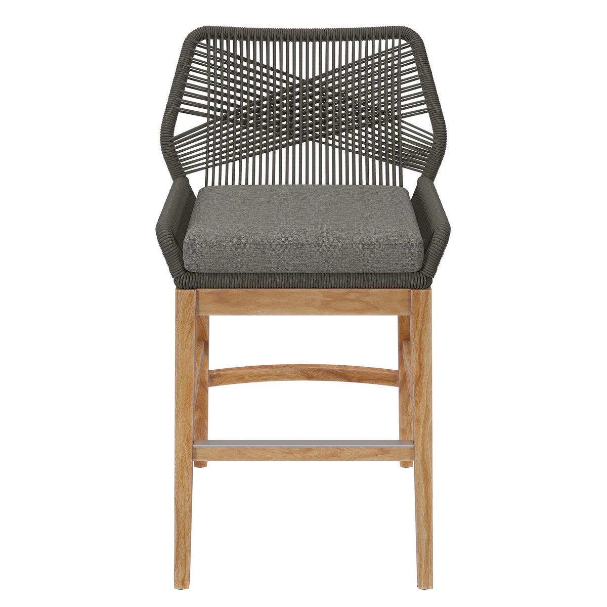 Wellspring Outdoor Patio Teak and Rope Counter Stool with dark gray cushion and rope back on Tampa Home & Garden Store