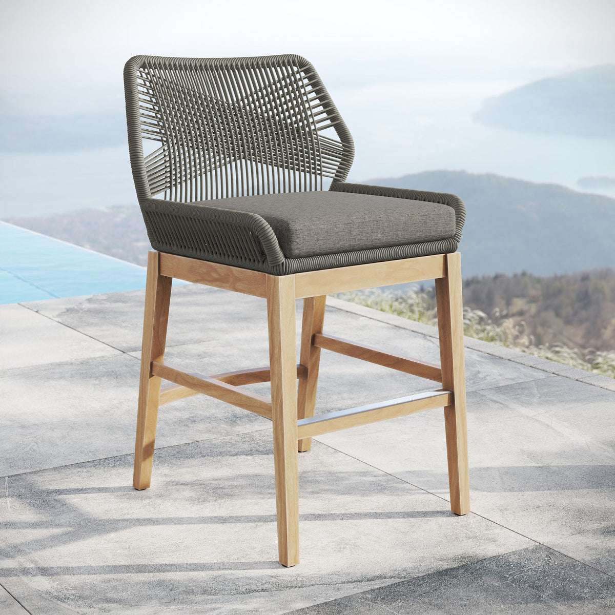 Wellspring teak rope counter stool by Modway with grey cushion and wood legs patio on Tampa Home & Garden Store