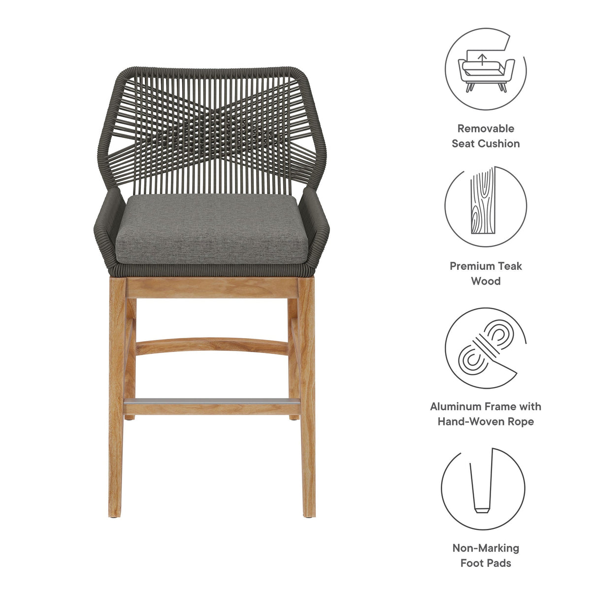 Wellspring Outdoor Patio Teak and Rope Counter Stool with dark woven back and gray seat cushion on Tampa Home & Garden Store