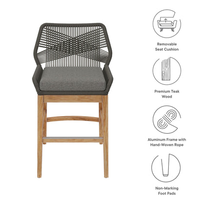 Wellspring Outdoor Patio Teak and Rope Counter Stool with dark woven back and gray seat cushion on Tampa Home & Garden Store