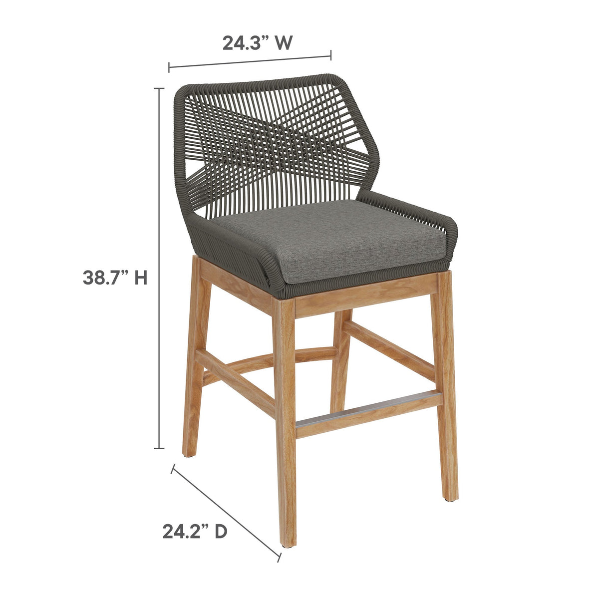 Wellspring Outdoor Patio Teak and Rope Counter Stool with woven rope back teak legs gray cushion on Tampa Home & Garden Store