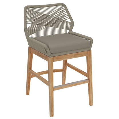 Wellspring Outdoor Teak and Rope Counter Stool with taupe cushion and rope back on teak base on Tampa Home & Garden Store