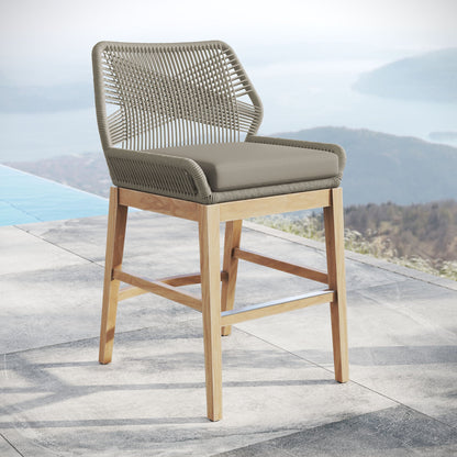 Wellspring outdoor teak and rope counter stool with taupe cushion on teak legs on Tampa Home & Garden Store