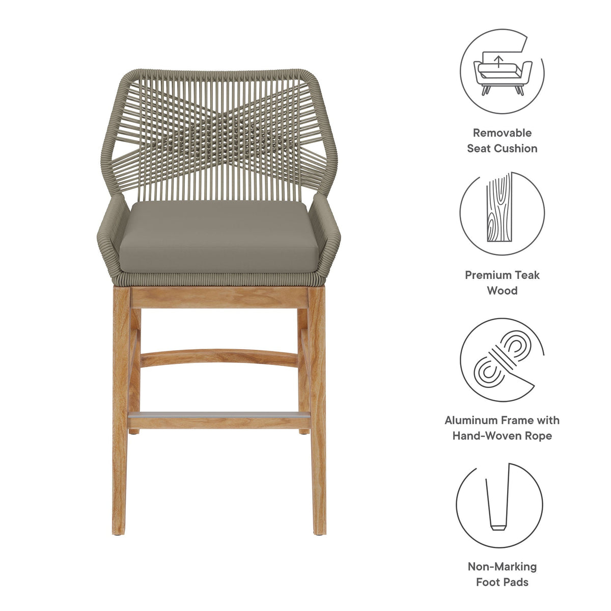 Wellspring Outdoor Teak Rope Counter Stool with removable taupe seat cushion on Tampa Home & Garden Store