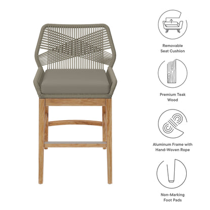 Wellspring Outdoor Teak Rope Counter Stool with removable taupe seat cushion on Tampa Home & Garden Store