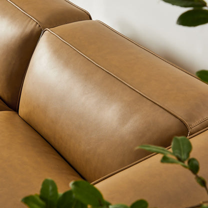 Auren 3-Piece Upholstered Vegan Leather modular loveseat with ottoman in tan, close-up stitch detail on Tampa Home & Garden Store