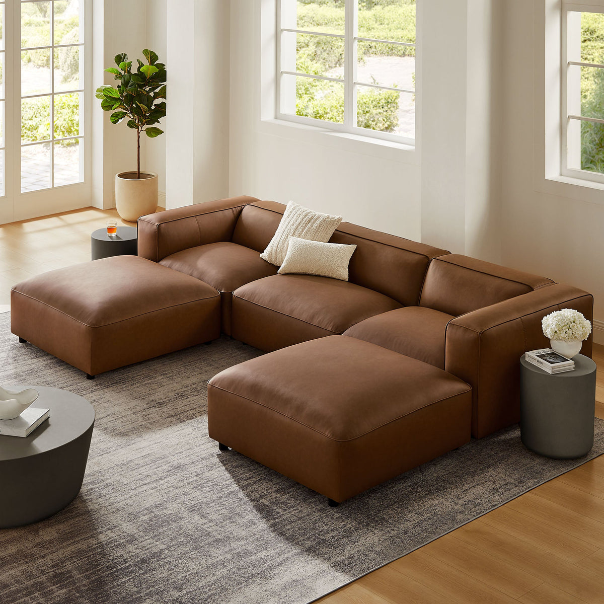 Auren 5-Piece Modular U-Shaped Sofa in brown vegan leather on Tampa Home & Garden Store