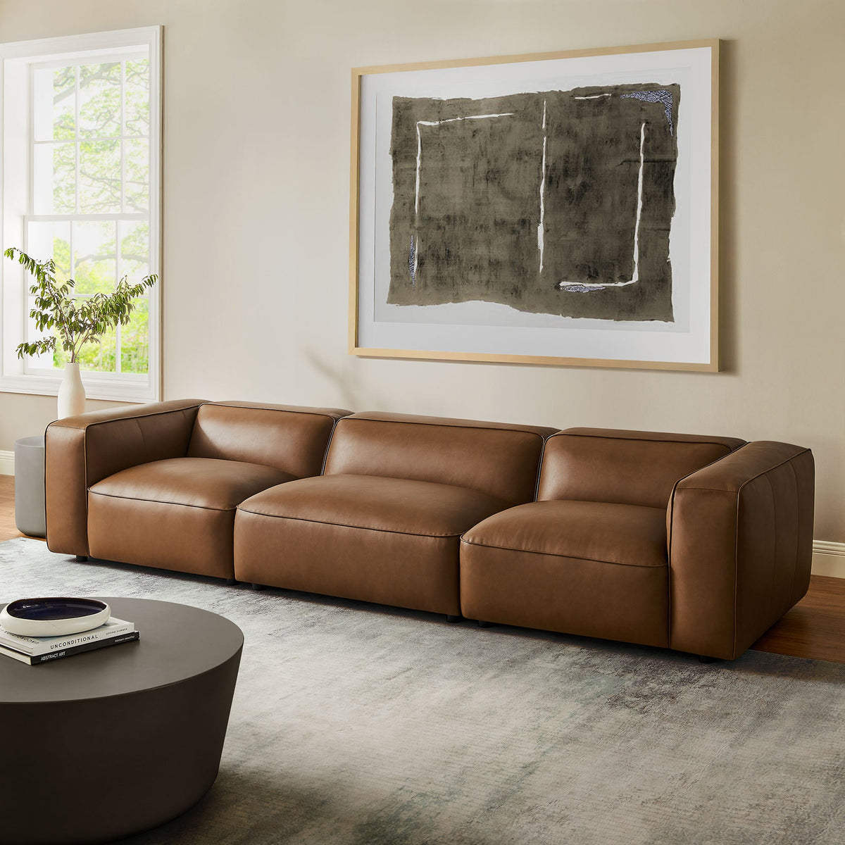 Auren 3-Piece Upholstered Vegan Leather Modular Sofa in warm brown modular living room sofa on Tampa Home & Garden Store