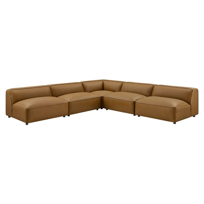 Auren 5-piece armless L-shaped vegan leather modular sofa in tan brown on Tampa Home & Garden Store