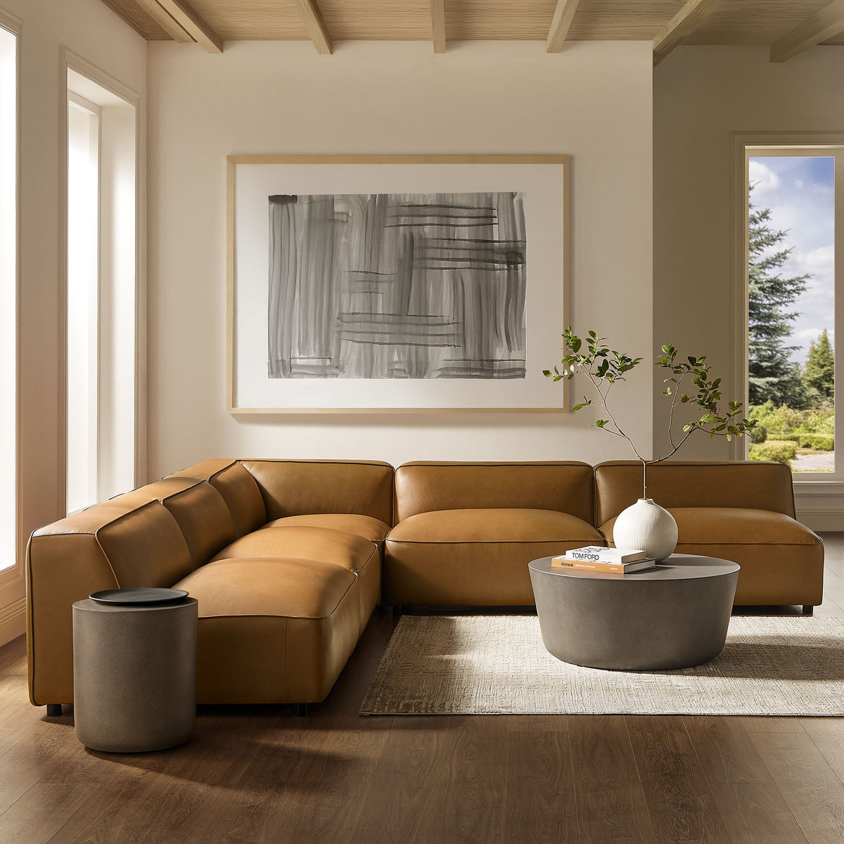 Auren 5-Piece upholstered armless L-shaped vegan leather modular sofa in tan, HouseOfZazla on Tampa Home & Garden Store