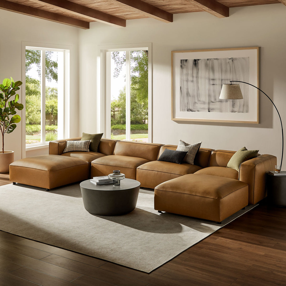 Auren 6-Piece Upholstered Vegan Leather Modular Sofa by Modway in tan, modern sectional design on Tampa Home & Garden Store