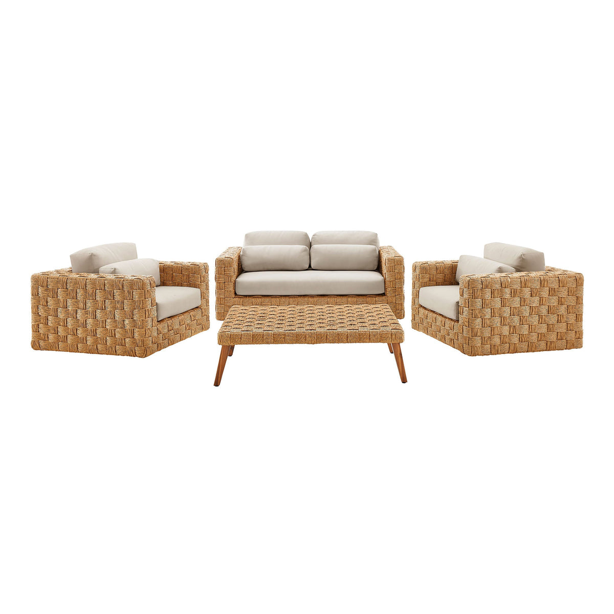 Thames 4-piece wicker outdoor furniture set with beige cushions and matching coffee table on Tampa Home & Garden Store